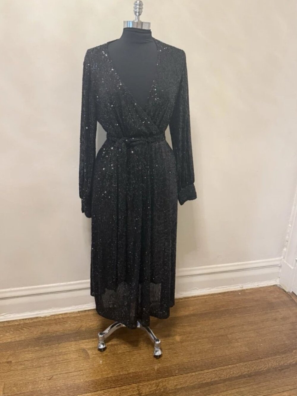 Anne Klein Black Sequin V-Neck Wrap Midi Dress